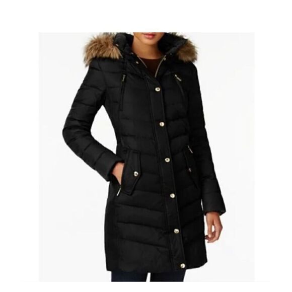 Michael Michael Kors black Down puffer foux fur trim Hooded winter coat Ps - Picture 13 of 16